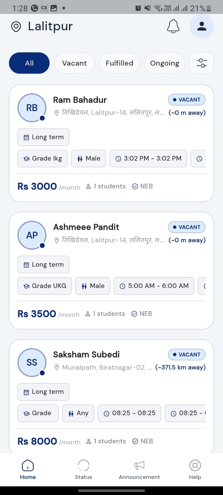 Browsing nearby vacant tuitions in the A Grade Home Tuition app