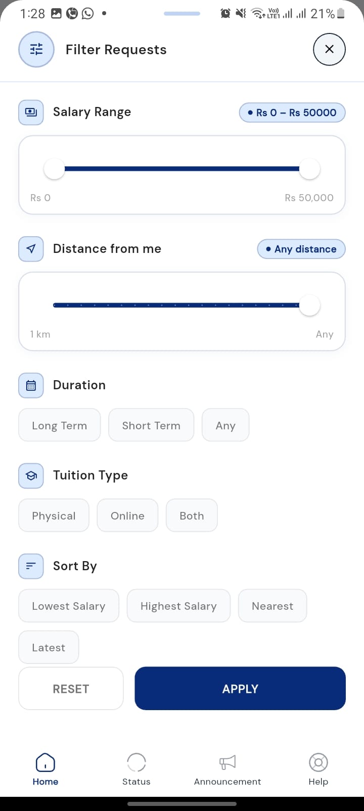 Filtering tuitions by mode, budget and distance in the app